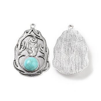 Alloy Owl Pendants, Oval Charms, with Synthetic Turquoise, Antique Silver, 48x30x7mm, Hole: 2mm