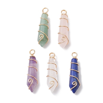 Natural Mixed Gemstone Pointed Pendants, Faceted Bullet Charms with Copper Wire Wrapped, Light Gold, 37~37.5x9.5~10x10mm, Hole: 3.5mm