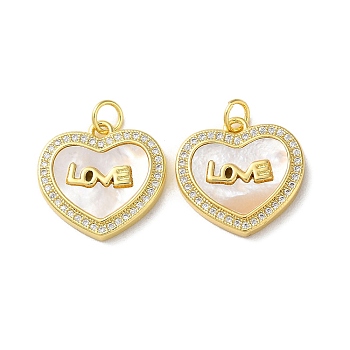 Valentine"s Day Brass Micro Pave Clear Cubic Zirconia Pendants, with Shell, Heart, Real 18K Gold Plated, 18x18.5x3mm, Hole: 3.5mm