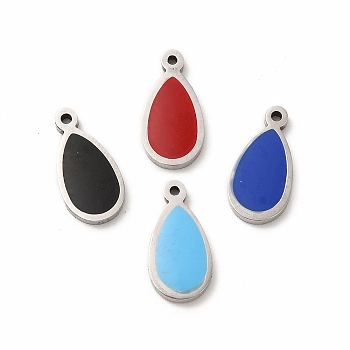 304 Stainless Steel Enamel Charms, Teardrop Charm, Stainless Steel Color, Mixed Color, 13x6.5x1.4mm, Hole: 1mm