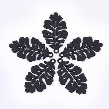 Spray Painted Alloy Pendants, Leaf, Black, 33x19x1mm, Hole: 2mm