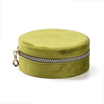 Round Velvet Jewelry Storage Zipper Boxes, Portable Travel Jewelry Case for Rings Earrings Bracelets Storage, Yellow Green, 10.5x4.5cm