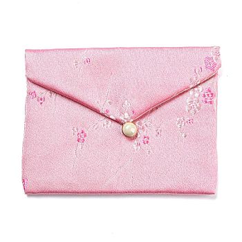 Chinese Style Floral Cloth Jewelry Storage Pouches, with Plastic Button, Rectangle Jewelry Gift Case for Bracelets, Earrings, Rings, Random Pattern, Pink, 9.5x12x0.3~0.7cm