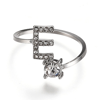 Alloy Cuff Rings, Open Rings, with Crystal Rhinestone, Platinum, Letter.E, US Size 7 1/4(17.5mm)