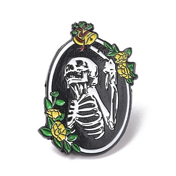 Skull with Bell Enamel Pin, Halloween Oval Alloy Badge for Backpack Clothes, Electrophoresis Black, Colorful, 30.5x23x1.5mm, Pin: 1.3mm