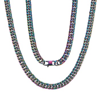 Men's 304 Stainless Steel Cuban Link Chain Necklace, Faceted Curb Chain Necklace, Rainbow Color, 10mm, 18-1/8 inch(45.9cm)