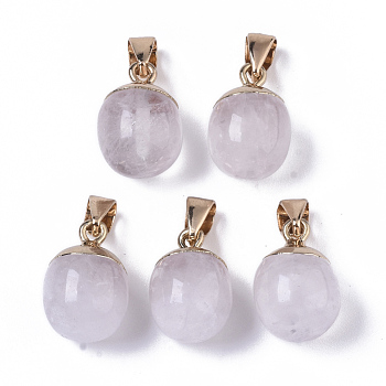 Top Golden Plated Natural Quartz Crystal Pendants, Rock Crystal Pendants, with Iron Snap on Bails & Loop, Barrel, 17~19x11.5~12.5mm, Hole: 4x6mm