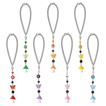 7Pcs Chakra Theme Evil Eye Butterfly Mushroom Pendant Decoration, Car Rear View Mirror Hanging Ornament, with Natural Malaysia Jade Bead & Lobster Claw Clasp, Mixed Color, 210mm