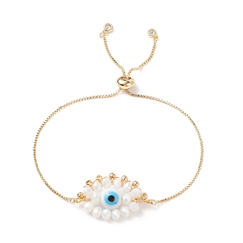 Lampwork & Glass Braided Horse Eye Slider Bracelet, Brass Jewelry for Women, Golden, 10-1/4 inch(26cm)