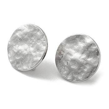 Brass Stud Earring Findings, with Vertical Loop, Textured Flat Round, Real Platinum Plated, 15mm, Hole: 2mm, Pin: 9X0.7mm