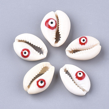 Natural Cowrie Shell Beads, with Enamel, No Hole/Undrilled, Evil Eye, Red, 19~22x14~16x6~8mm