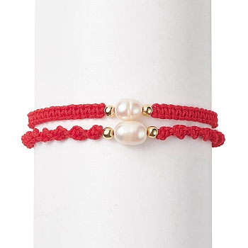 2Pcs 2 Style Natural Pearl Braided Bead Bracelets Set with Nylon Cord for Women, Red, 2 inch(5cm)~2-1/4 inch(5.6cm), 1Pc/style