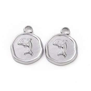304 Stainless Steel Pendants, Flat Round with Dolphin Charm, Stainless Steel Color, 16x13x2mm, Hole: 2mm