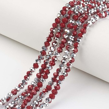 Electroplate Opaque Glass Beads Strands, Half Silver Plated, Faceted, Rondelle, Dark Red, 6x5mm, Hole: 1mm, about 83~85pcs/strand, 38~39cm