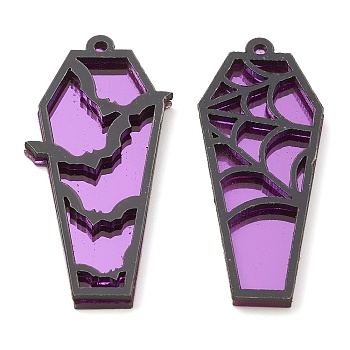 Opaque Acrylic Pendants, Coffin with Bat and Spider Web, for Halloween, Pearl Pink, 47.5x20x3.5mm, Hole: 1.6mm, 2pcs/set
