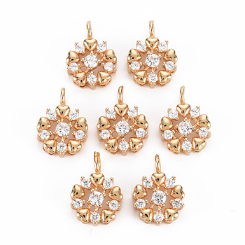 Rack Plating Brass Micro Pave Clear Cubic Zirconia Pendants, Long-Lasting Plated, Cadmium Free & Lead Free, Flat Round with Heart, Light Gold, 15.5x11x4.5mm, Hole: 2mm
