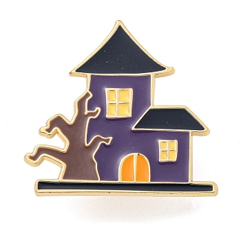 Halloween Theme Golden Alloy Brooches, Enamel Pins, House, 27.5x29x1.5mm