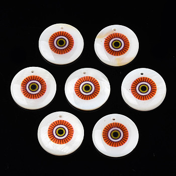 Printed Freshwater Shell Charms, with Enamel, Flat Round, Red, 17.5~18.5x2.5~3.5mm, Hole: 1.2mm