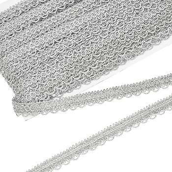 Polyester Braided Metallic Lace Trim, for Curtain, Clothes Decoration, Silver, 5/8 inch(15mm), about 20.00 Yards(18.29m)/Card