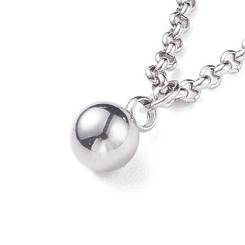 304 Stainless Steel Round Ball Pendant Necklace with Rolo Chains for Men Women, Stainless Steel Color, 16.02 inch(40.7cm)