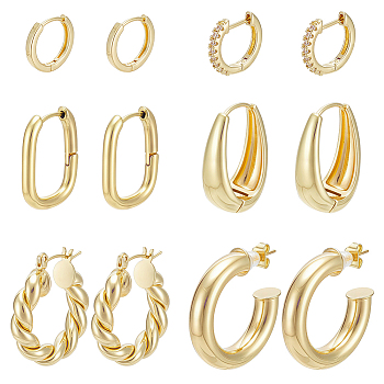6 Pairs Brass Hoop Earring & Stud Earring Sets, Twist & Ring & Oval, Golden, 13~26x14~26x2~9mm
