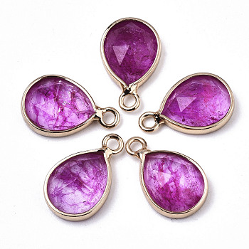 Glass Charms, with Light Gold Tone Brass Findings, Teardrop, Faceted, Medium Violet Red, 14x9x4.5mm, Hole: 1.5mm