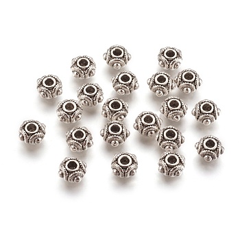 Tibetan Style Alloy Beads, Lead Free and Cadmium Free, Barrel, Antique Silver, about 8mm in diameter, 5mm thick, hole: 2mm