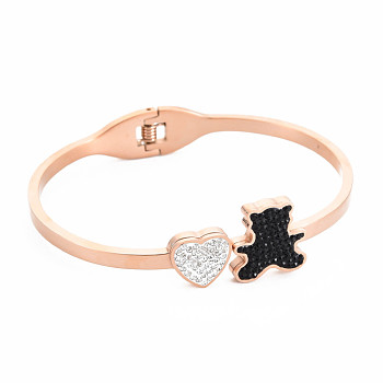 Rhinestone Bear & Heart Bangle, Stainless Steel Hinged Bangle with Polymer Clay for Women, Rose Gold, Inner Diameter: 1-7/8x2-1/4 inch(4.8x5.8cm)