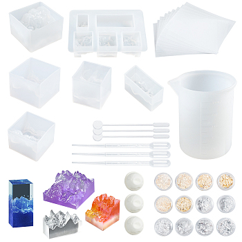 Olycraft DIY Resin Casting Molds Kits, with Mountain Style Silicone Molds. Silicone Measurring Cup, Plastic Stirring Rod & 2ml Dropper, Disposable Latex Finger Cots and Nail Art Stickers Decals, White, about 48pcs/set