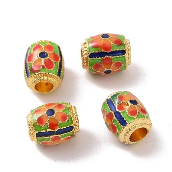 Alloy Beads, with Enamel, Barrel with Flower, Matte Gold Color, Red, 10x8mm, Hole: 3.5mm