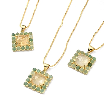 Natural Yellow Agate & Green Aventurine Rectangle Pendant Necklace, Real 18K Gold Plated Brass Jewelry, 17.48~17.68 inch(44.4~44.9cm)