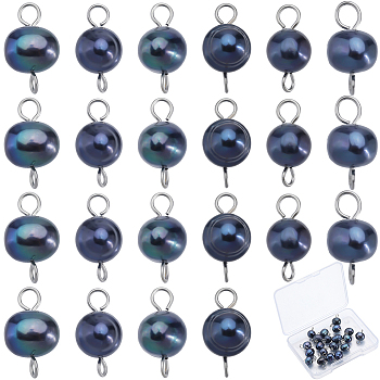 Natural Cultured Freshwater Pearl Potato Connector Charms, with Platinum Tone 304 Stainless Steel Double Loops, Prussian Blue, 16mm, Hole: 2mm, 30pcs/box