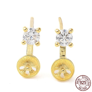 925 Sterling Silver with Cubic Zirconia Stud Earring Findings, with S925 Stamp, for Half Drilled Pearl Beads, Flat Round, Real 18K Gold Plated, 9.5x3.5~4mm, Pin: 0.7mm