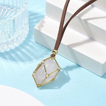 Crystal Holder Cage Necklaces, Brass Bar Connected Pouch Empty Stone Holder for Pendant Necklace Making, Faux Suede Cord Necklace, Golden, 32-1/4 inch(82cm)