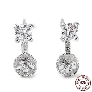 Rhodium Plated 925 Sterling Silver with Cubic Zirconia Stud Earring Findings, with S925 Stamp, for Half Drilled Pearl Beads, Flat Round, Real Platinum Plated, 9.5x3.5~4mm, Pin: 0.7mm