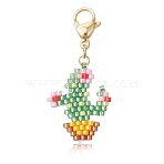 Cactus Glass Seed Beaded Pendant Decorations, Lobster Claw Clasps Charms for Bag Ornaments, Medium Aquamarine, 45mm(HJEW-SZ00033)