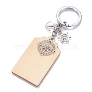 Wood Keychain, with Brass Split Key Rings and Alloy Pendants, Rectangle with Anchor & Compass & Helm, Wheat, 126mm, Rectangle: 68x38.5x2mm, Anchor: 18x15x2mm, Compass: 29x25x3mm, Helm: 21x16x2.5mm(X-KEYC-JKC00187)