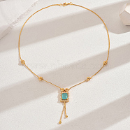 Fashionable Vintage Brass & Glass Tassel Rectangle Pendant Necklaces for Women, Real 18K Gold Plated, Turquoise, 17.52 inch(44.5cm)(WB8408-2)