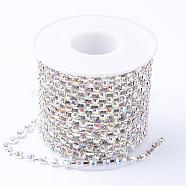 Brass Rhinestone Strass Chains, with Spool, Rhinestone Cup Chains, Silver Color Plated, Crystal AB, 2.6mm, about 10yards/roll(CHC-T002-SS10-02S)