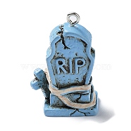 Resin Pendants, Halloween RIP Tombstone Charms with Platinum Tone Iron Loops, Light Sky Blue, 31x20x12.5mm, Hole: 2mm(CRES-D009-01I)