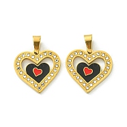 Ion Plating(IP) 304 Stainless Steel Pendants, with Enamel and Rhinestone, Real 18K Gold Plated, Heart Charm, Black, 21x21.5x2mm, Hole: 6.5x4mm(STAS-C101-05G)