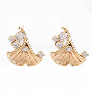 Brass Micro Pave Clear Cubic Zirconia Stud Earrings Findings, Nickel Free, Ginkgo Leaf, Real 18K Gold Plated, 15x14.5mm, Hole: 0.8mm, Pin: 0.7mm(KK-T062-76G-NF)