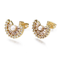 Brass Micro Pave Cubic Zirconia Stud Earrings, with ABS Plastic Imitation Pearl and Ear Nuts, Nickel Free, Fan, Creamy White, Real 16K Gold Plated, 10x13.5mm, Pin: 0.8mm(EJEW-T014-58G-NF)