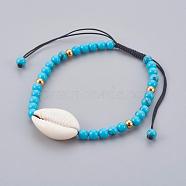 Synthetic Turquoise(Dyed) Braided Bead Bracelets, with Cowrie Shell, 2 inch~3-1/8 inch(5~8cm)(BJEW-JB04078-01)
