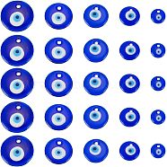 25Pcs 5 Style Transparent Glass Pendants, Flat Round with Evil Eye, Blue, 15~35mm, 5pcs/style(LAMP-OC0001-60)