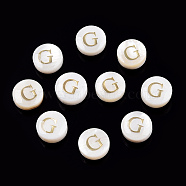 Natural Freshwater Shell Beads, with Golden Plated Brass Etched Metal Embellishments, Flat Round with Letter, Letter G, 7.5~8x4~5mm, Hole: 0.8mm(SHEL-N036-01G)