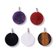 Natural Gemstone Pendants, with Platinum Plated Brass Findings, Flat Round, 37x30x5.5mm, Hole: 3.5mm(G-P459-02)