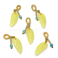 Natural Lemon Jade Pendants, Leaf Charms with Faceted Natural Stone and Brass Beads, Real 14K Gold Plated, 37mm(G-K341-11G)