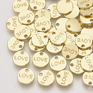 Alloy Charms, Flat Round with Word Love, Light Gold, 9x1.5mm, Hole: 1.4mm(X-PALLOY-S121-185)