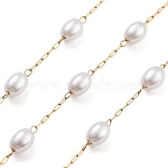 Handmade Oval ABS Imitation Pearl Beaded Chains, with Ion Plating(IP) 304 Stainless Steel Chains, Unwelded, Real 18K Gold Plated, White, 2.2x1x0.5mm, Oval: 7x5mm(CHS-P019-09B-G)